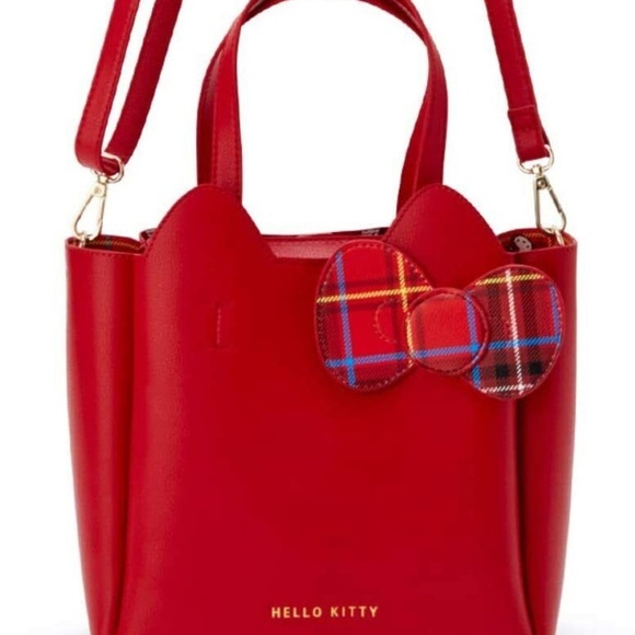 Sanrio Hello Kitty Red tote bag tartan check ribbon PU leather (rare) - Picture 2 of 13